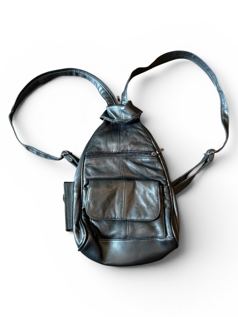 Vintage Black Leather Sling Backpack Crossbody Convertible Mini Backpack Travel